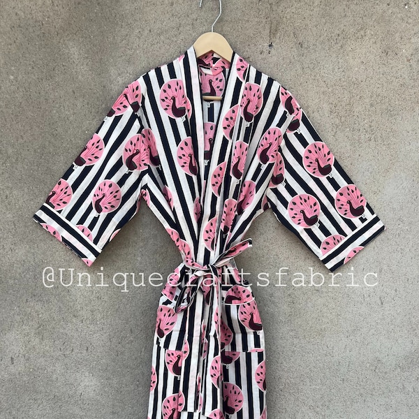 Black Kimono, Indian Cotton Printed Kimono, Summer Dressing Gown, Soft Kimono, 100% Pure Cotton Kimono Robe, Nightwear Dress, Cotton Robes