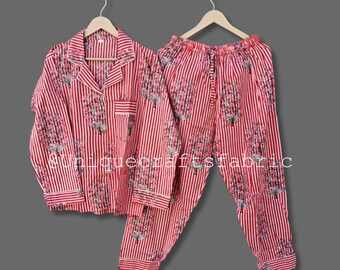Baumwoll-Pyjama-Set: Gestreifter Blumendruck-Damen-Pyjama