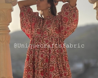 New Flower Hand Block Print Kyra Midi Dress, Kyra Midi and Mini Dress, Bohemian Cotton Dress Dresses for Women, Summer Dresses for Women