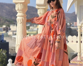 Hand Block Printed Cotton Midi Dress: Indian Summer Party Dress