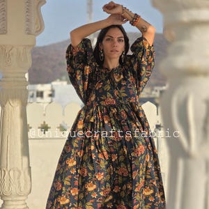 Floral Hand Block Print Cotton Midi Dress - Indian Summer Style