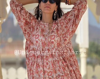 Kyra midi-jurk met bloemenhandblokprint, midi-jurken voor dames, zachte huiskleding Aangepaste jurk Grote maten kleding, jurk met strakkere strepen