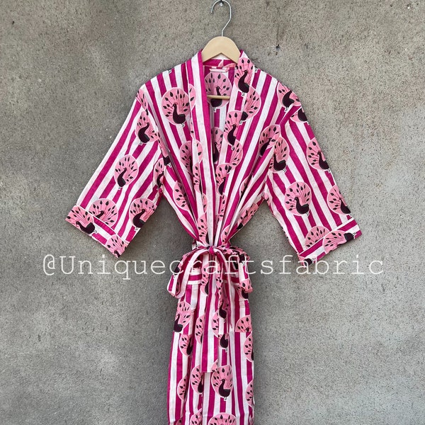 Strip Cotton Kimono, Nightwear, Summer Dressing Gown, Beach Cover Up, Bridle Party Wear,  Cotton Kimono Robe, Long Dress Gown, Gifts For Her