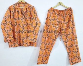Orange Floral Cotton Pajama Set, Women's Nightwear, Bridesmaid Gift