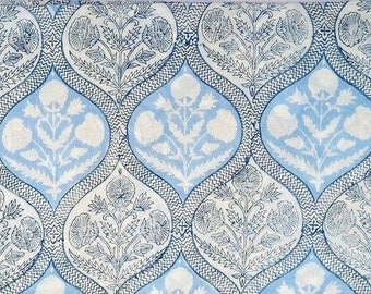 Blue Floral Block Print Fabric By The Yard, Soft Cotton Fabric, Dressmaking Fabric, Fabric For Sewing and Quilting