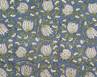 Blue Lotus Design Block Print Fabric, Cotton Fabric, Dress Fabric, Indian Fabric, Dress Making Fabric, Sewing Material
