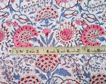 Flamingo Pink Floral Cotton Fabric: Indian Block Print Sewing Fabric