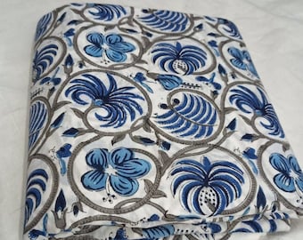 Blue Floral Cotton Fabric: Indian Block Print Sewing Material