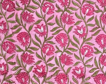 Pink Floral Cotton Fabric: Indian Block Print Fabric By The Yard