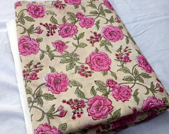 Pink Floral Block Print Indian Cotton Fabric - By The Yard