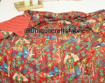 Beautiful Frida Khalo Print Cotton Kantha Bedcover, Indian Handmade Kantha Throw Quilt, Kantha Bedspread, Cotton Blanket Gudari