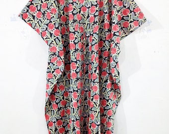 Flower Printed Cotton Kaftan: Indian Maxi Dress, Beach Cover Up
