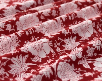 Rot floraler Baumwollstoff: Indischer Blockprint Stoff Meterware