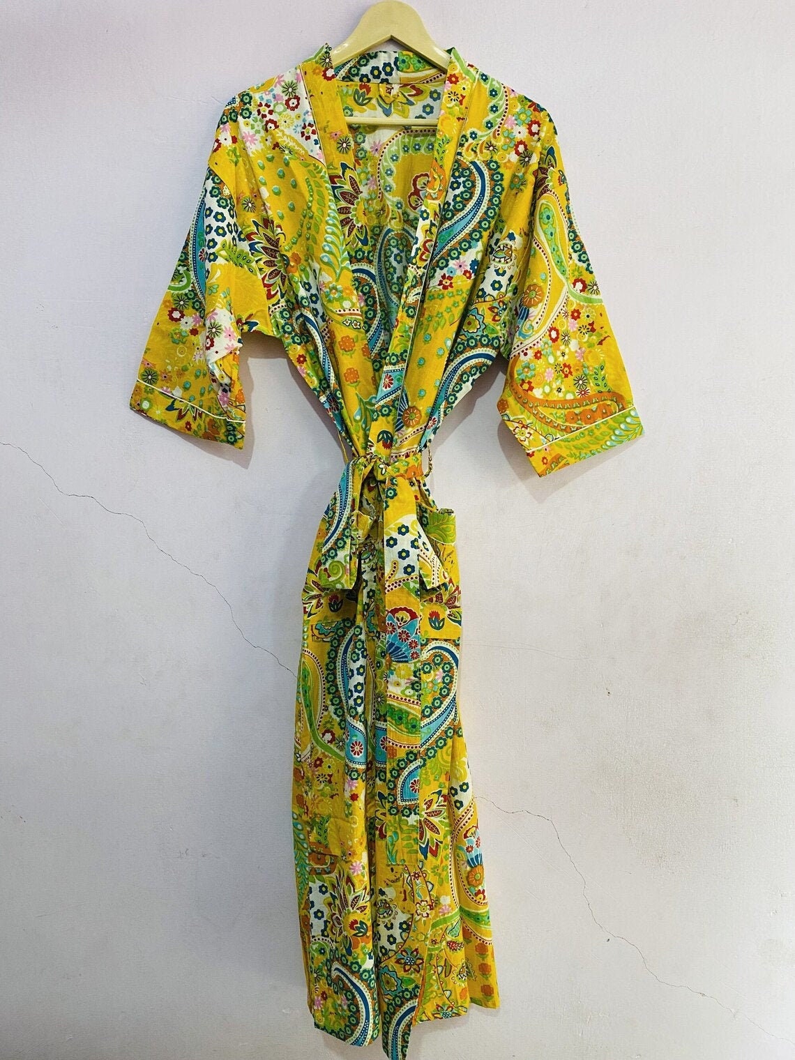 Yellow Floral Print Cotton Kimono Kimono Robe For Women Etsy