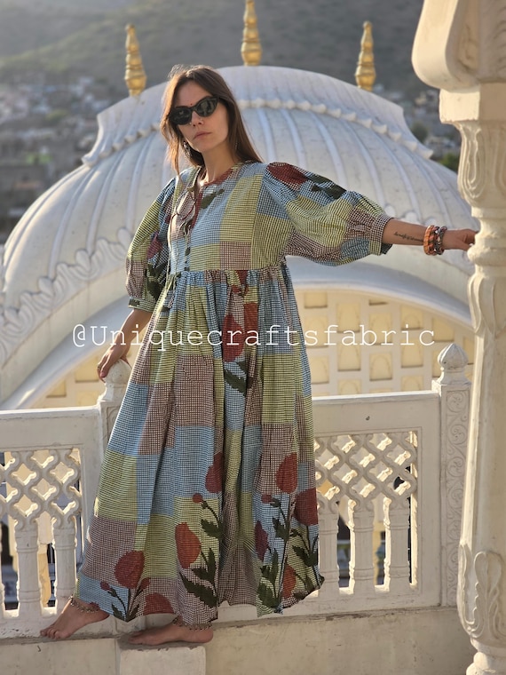 New Boota Flower Hand Block Print Kyra Midi Dress, Handmade