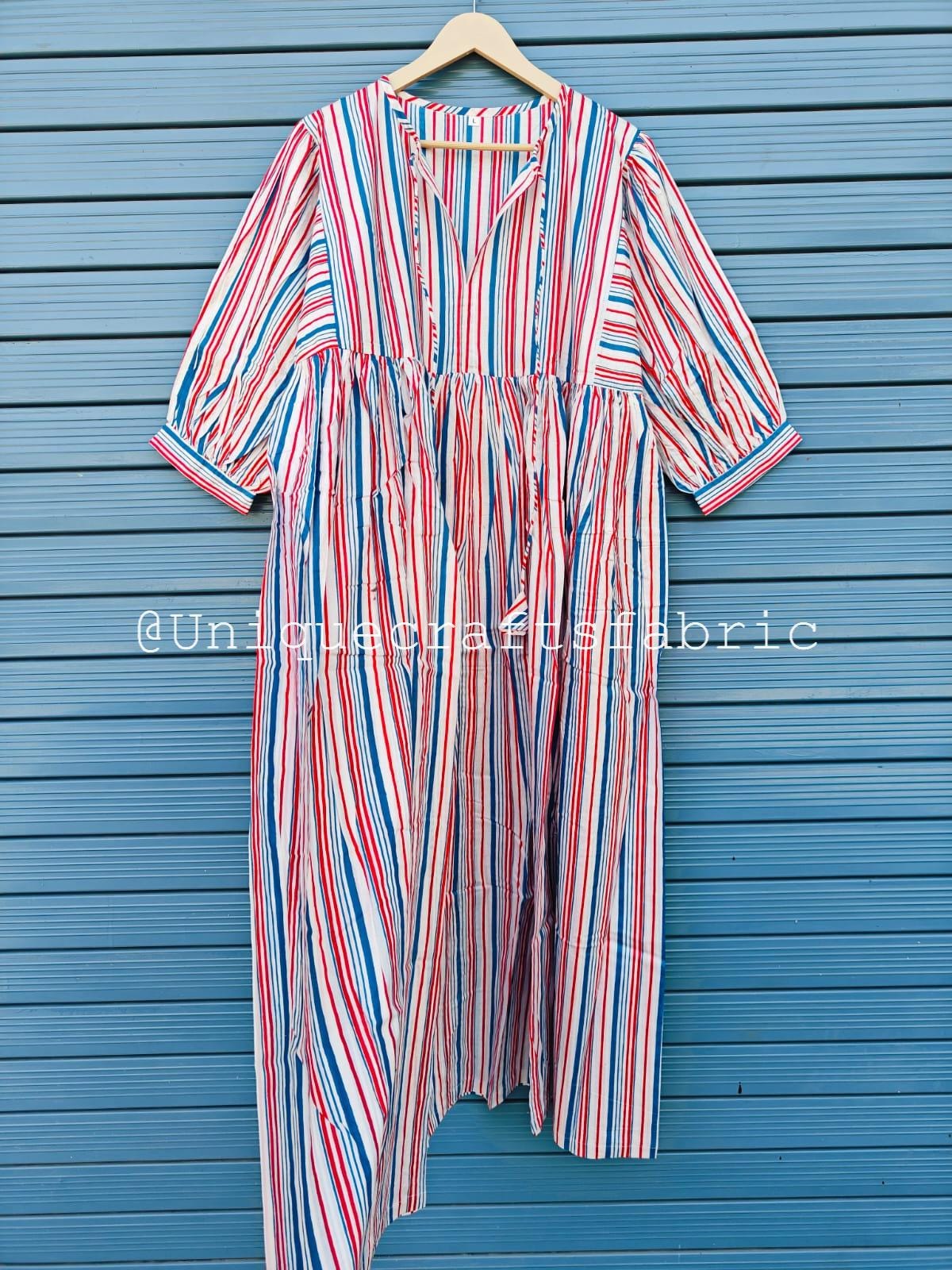 New Striped Cotton Midi Dress: Deep Neck With String Closer Bohemian Dress New Striped Cotton Midi Dress: Deep Neck With String Closer Bohemian Dress