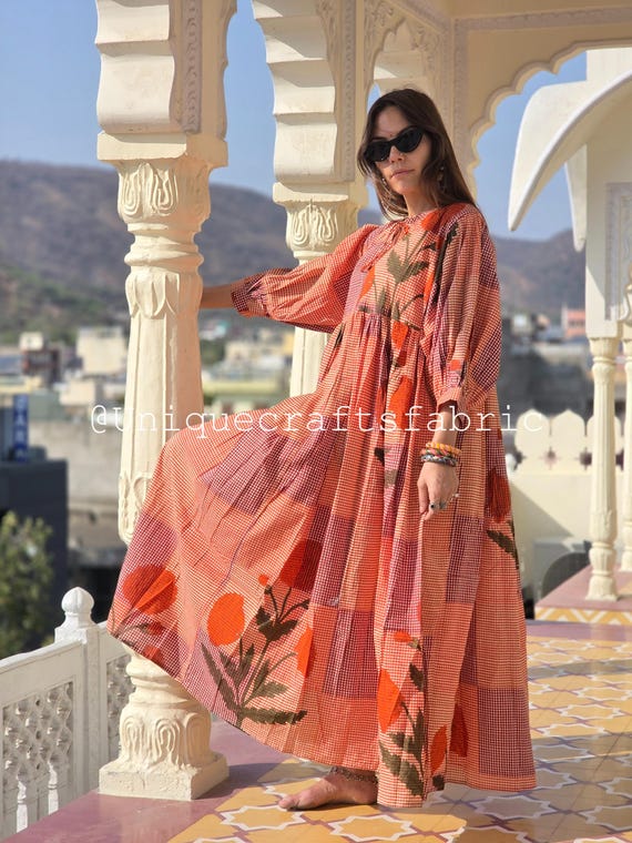 Hand Block Printed Cotton Midi Dress: Indian Summer Party Dress Hand Block Printed Cotton Midi Dress: Indian Summer Party Dress