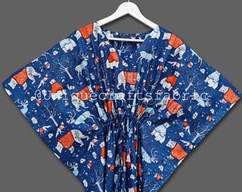 Christmas Print Cotton Kaftan Dress: Indian Loungewear Beach Cover Up