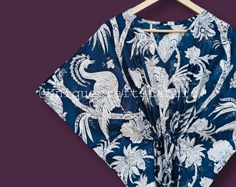 Kaftán de algodón estampado hecho a mano: vestido largo indio, ropa de dormir de verano.
