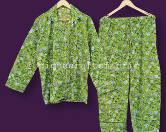 Green Floral Print Cotton Pajama Set: Handmade Soft Nightwear