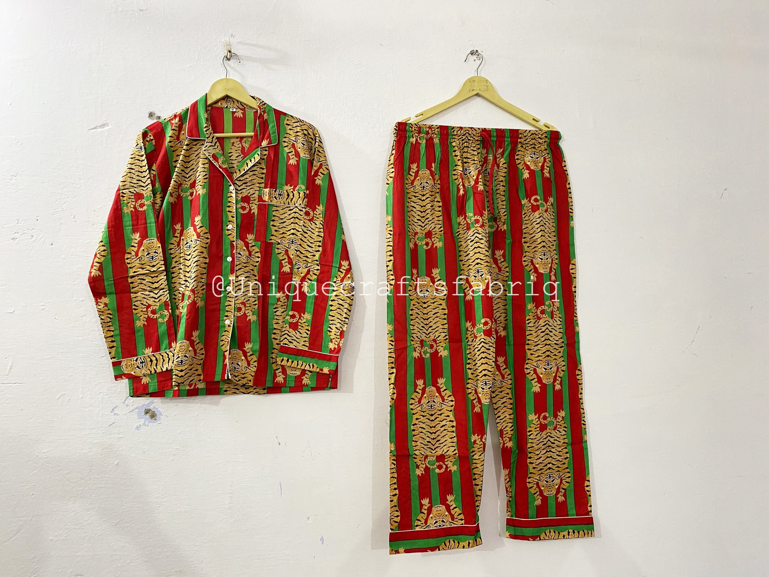 Handmade Cotton Pajamas Set: Tibetan Tiger Print PJs