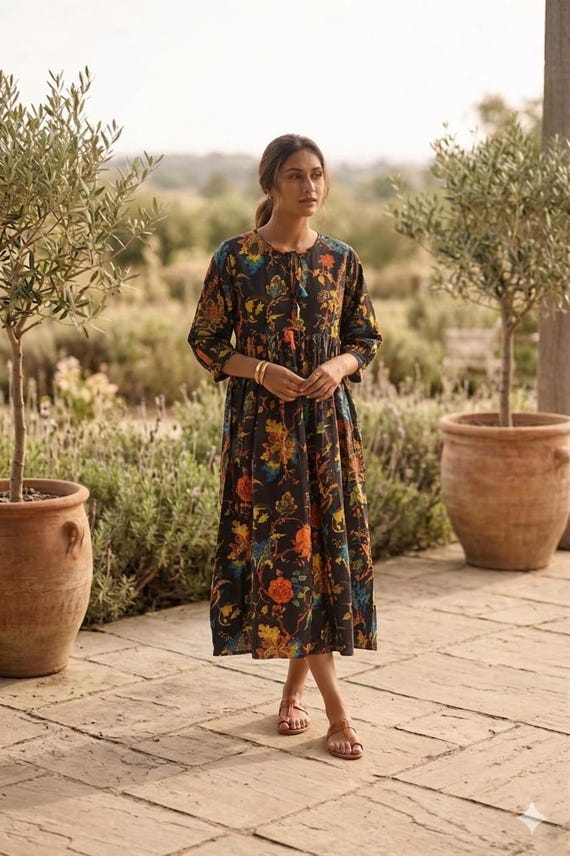 Handmade Floral Summer Cotton Midi Dress, Kyra Lightweight Printed Bohemian, Vacation Dress