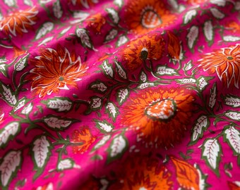 Floral Block Printed Cotton Fabric: Soft Lightweight Dress Making Material