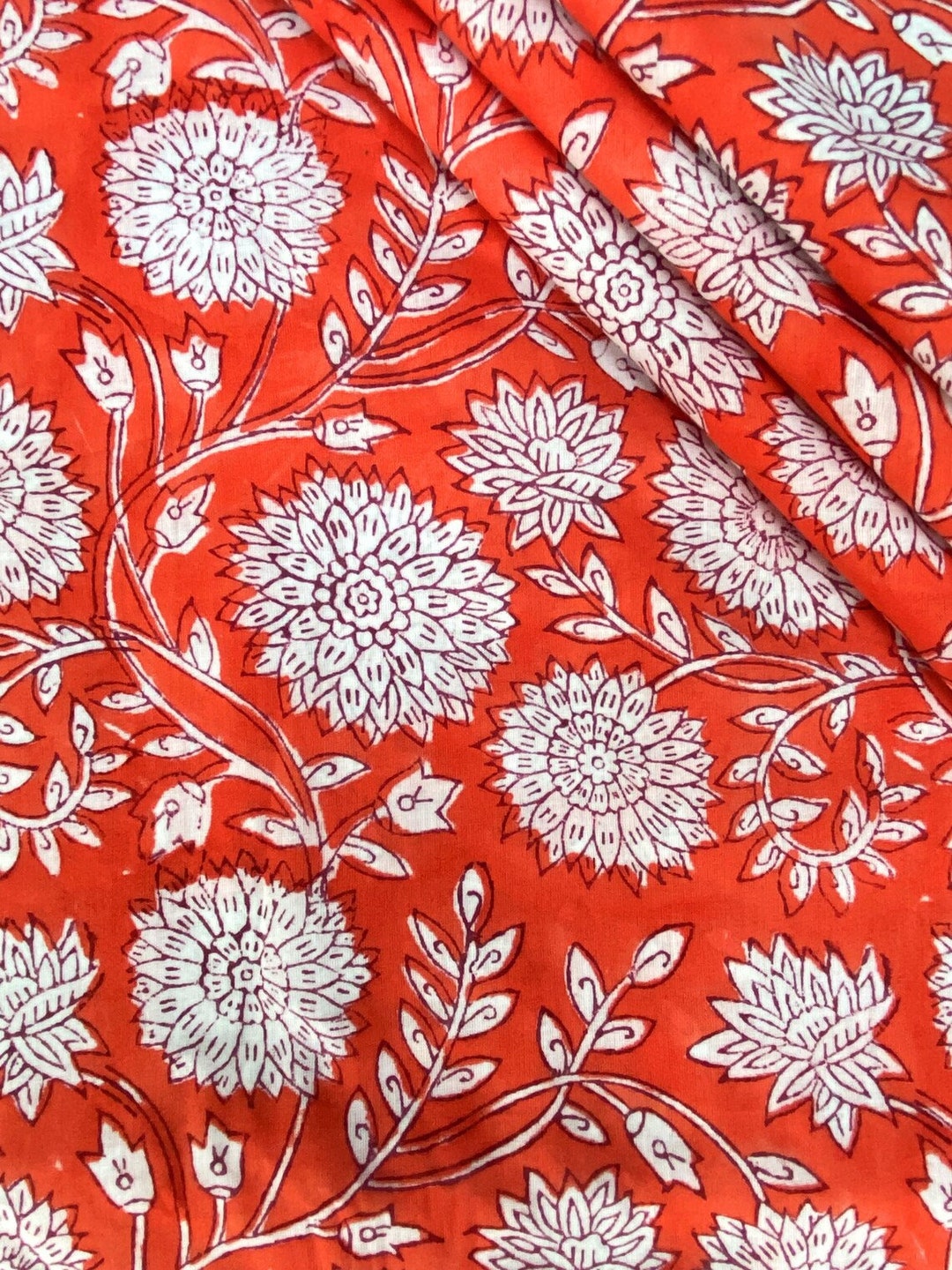 Orange Floral Print Cotton Fabric Indian Block Print Fabric - Etsy