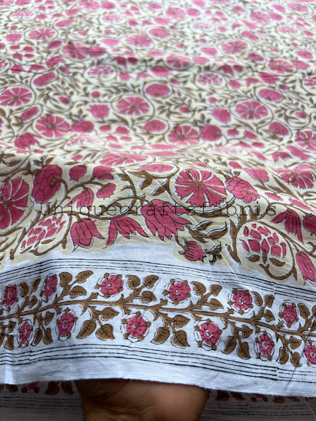 Indian Block Printed Fabric, Border Design Cotton Fabric, Dress Making Fabric, Crafting
