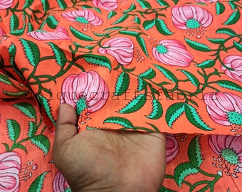 Pink Floral Hand Block Print Cotton Fabric: Indian Sewing Fabric