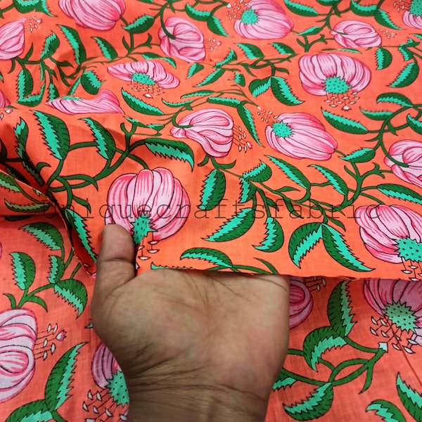 Pink Floral Hand Block Print Fabric, Indian Soft Cotton Fabric, Handmade Fabric, Sewing Fabric, Dressmaking Fabric By The Yard