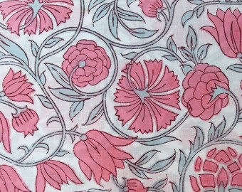 Floral Block Print Fabric: Indian Cotton Sewing Fabric By Yard
