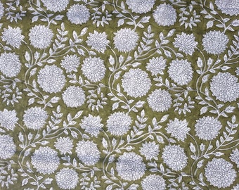 Green Floral Block Print Cotton Fabric - Indian Dressmaking Fabric
