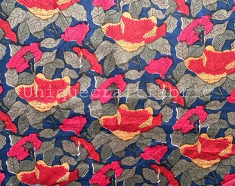 Indian Floral Print Cotton Fabric, Hand Block Printed Sewing Fabric By The Yard
