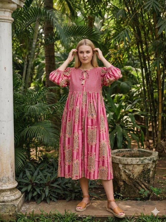 indian boho dresses Hand Block Printed Cotton Midi Dress - Tiger Stripe Dress jan influencer Sending our love to Color:Red-4 51 inches (Maxi Length)