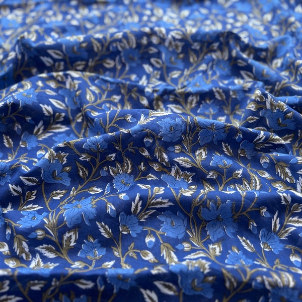 Block Printed Fabric By The Yard, Indian Voile Cotton Fabric, Blue Floral Print Fabric, Sewing Material, Dress Making Fabric