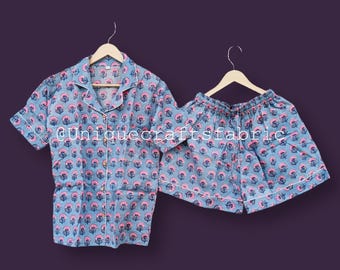 Block Print Floral Cotton Pajama Shorts Set: Bridal Sleepwear