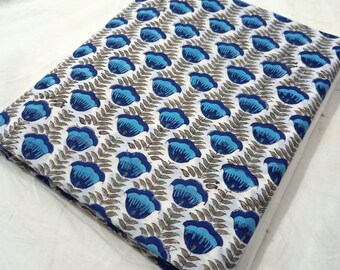 May include: White cotton fabric with a blue and brown floral print. The fabric is folded in half and the print is visible on both sides.