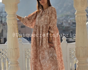 Floral Hand Block Print Cotton Midi Dress - Handmade Summer Bridesmaid Dress
