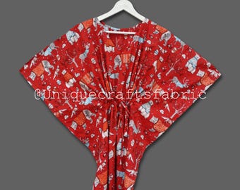 Christmas Print Cotton Kaftan: Indian Maxi Dress, Beach Cover Up