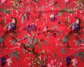 Red Bird Print Cotton Fabric, Sewing Fabric, Dressmaking Fabric, Indian Fabric By The Yard, Craft Fabric, Upholstery Fabric