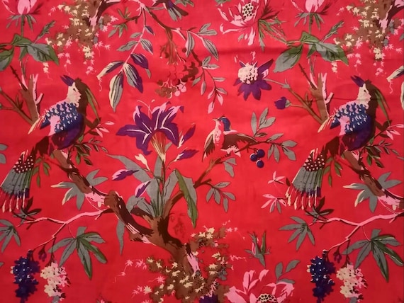 Red Bird Print Cotton Fabric: Indian Sewing Fabric By The Yard