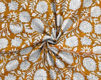 Mustard Floral Cotton Fabric: Indian Block Print Dress Fabric
