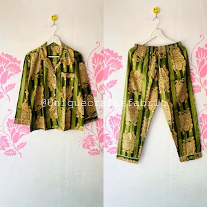 ストライプ柄タイガープリントコットンパジャマセット：夏用パジャマ グリーン