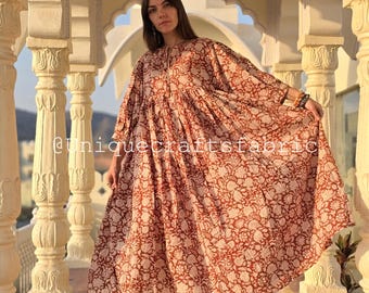 Floral Cotton Midi Dress: Hand Block Printed Indian Kyra Dress