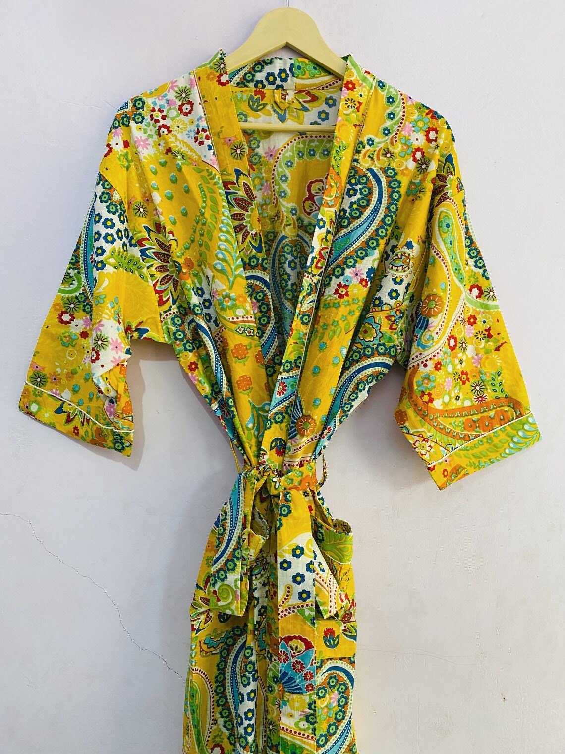 Yellow Floral Print Cotton Kimono Kimono Robe For Women Etsy
