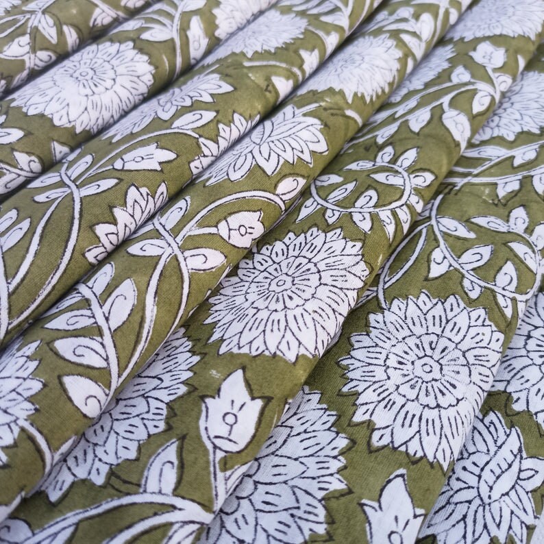 Green Floral Print Cotton Fabric Block Print Fabric Indian Etsy