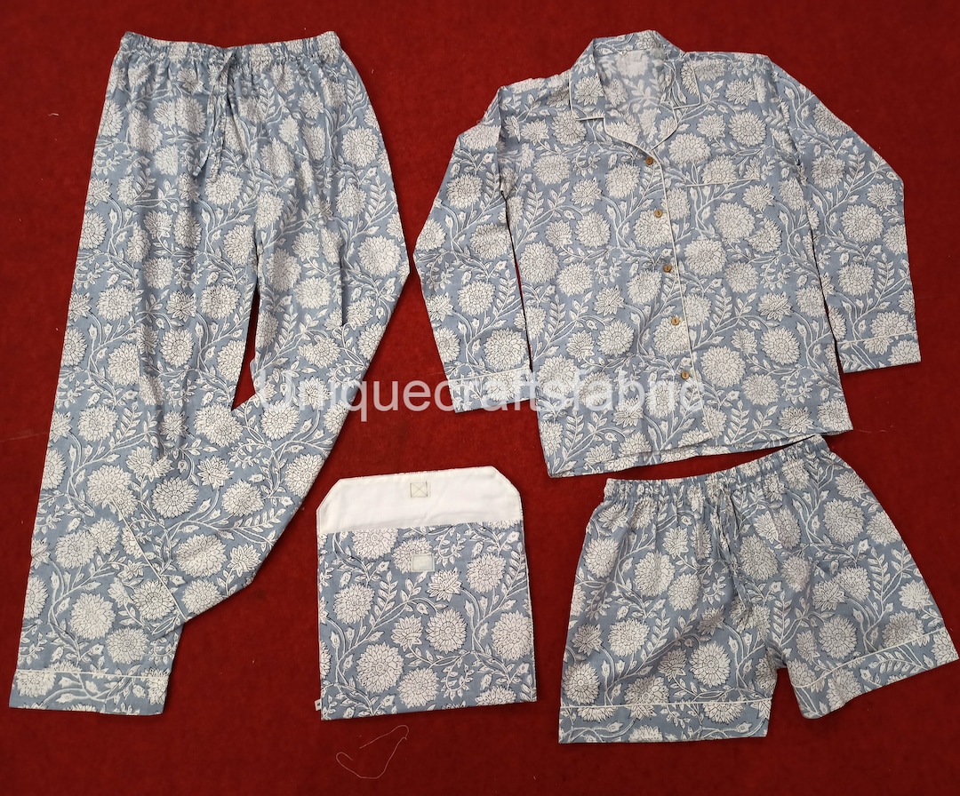 Conjunto de pijama de algodão com estampa de blocos feito à mão