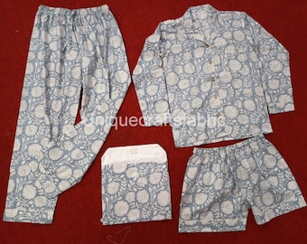 Set pigiama in cotone stampato a mano: abbigliamento da casa per dormire.