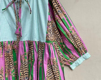Hand Block Printed Cotton Midi Dress: Tiger Stripe Boho Daywear Hand Block Printed Cotton Midi Dress: Tiger Stripe Boho Daywear